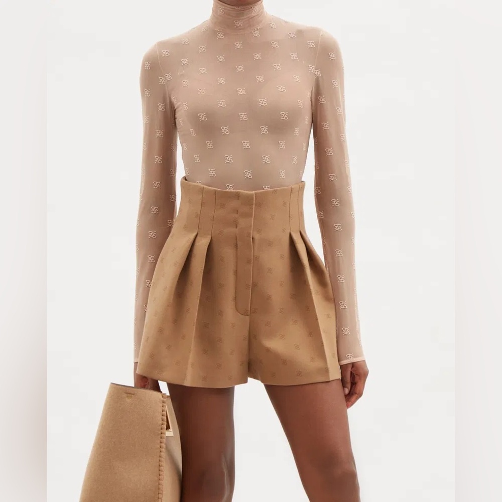Fendi Karligraphy FF-Logo Embroidered Mesh Bodysuit.